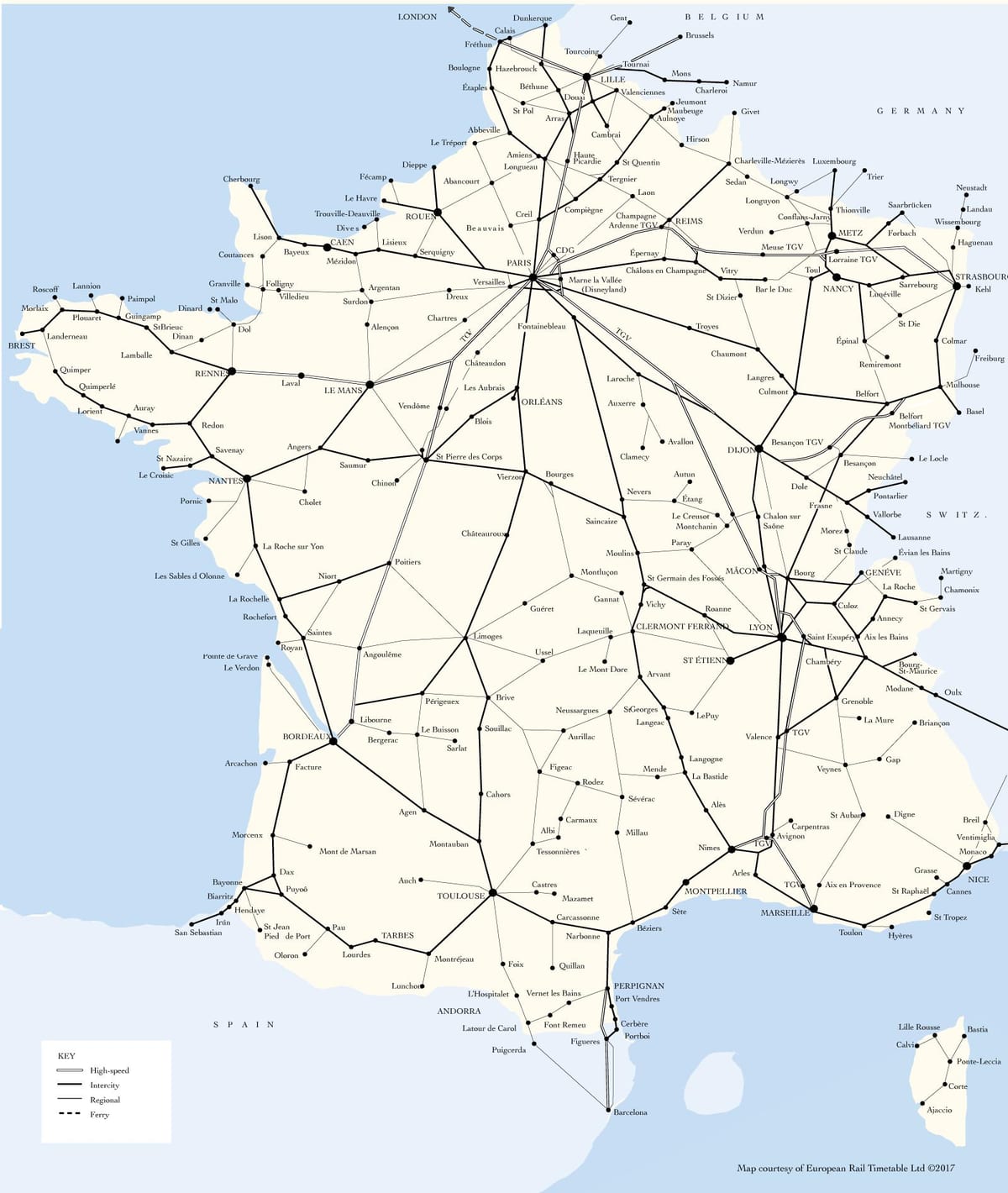 地图上的火车线路在法国